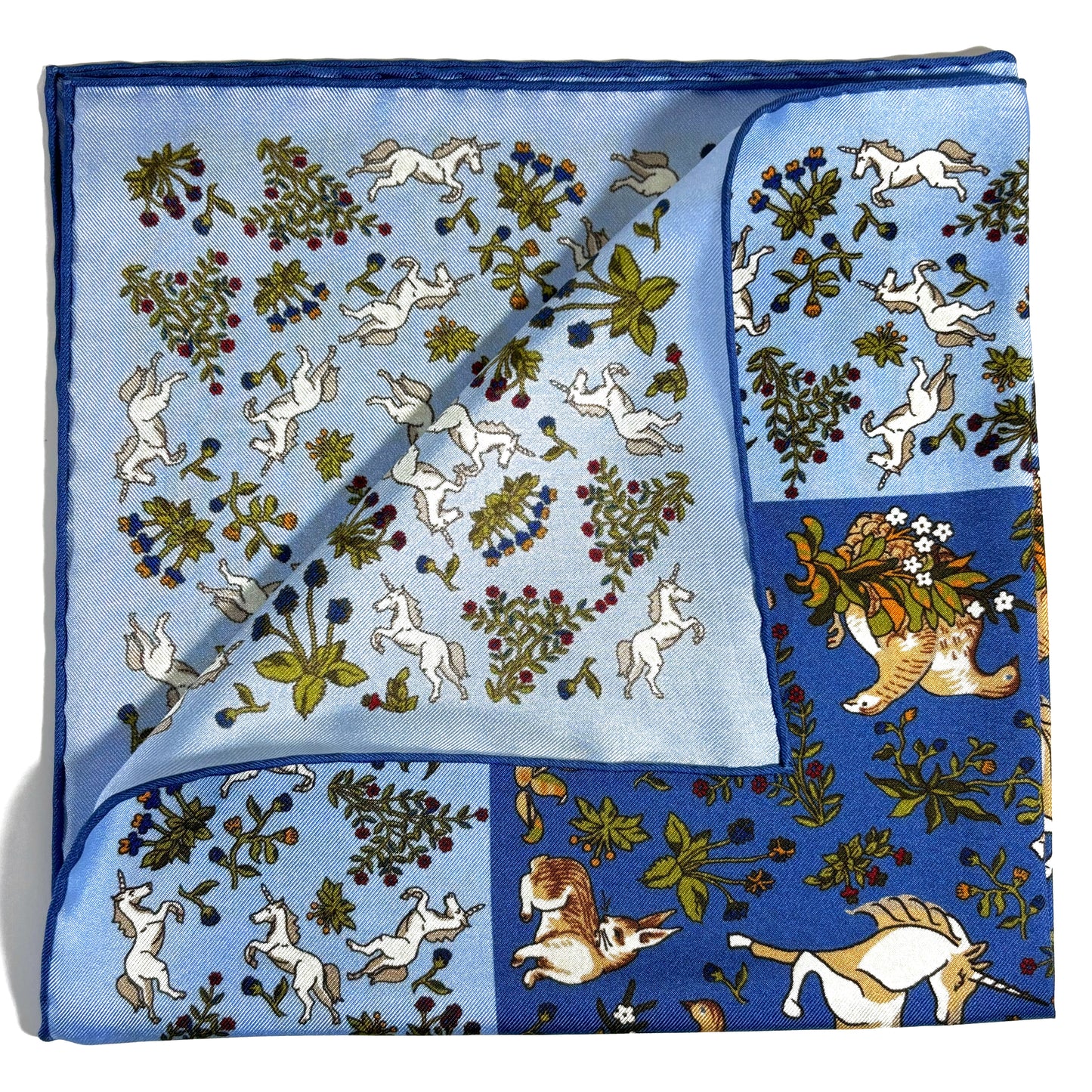 Light Blue & Blue Unicorn Motif Ancient Madder Silk Pocket Square