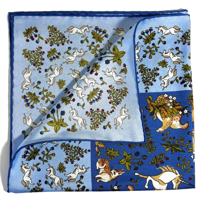 Light Blue & Blue Unicorn Motif Ancient Madder Silk Pocket Square