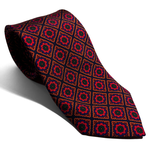 Hand-Printed Navy Blue & Red Geometric Floral Ancient Madder Silk Tie