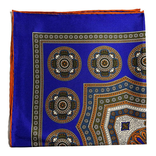 Regal Indigo & Orange Medallion Silk Pocket Square