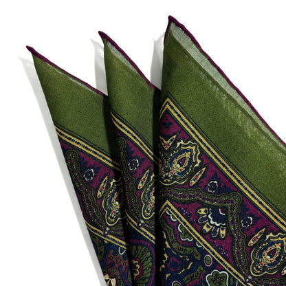 Dominus - Olive Green & Magenta - Wool/Silk Pocket Square