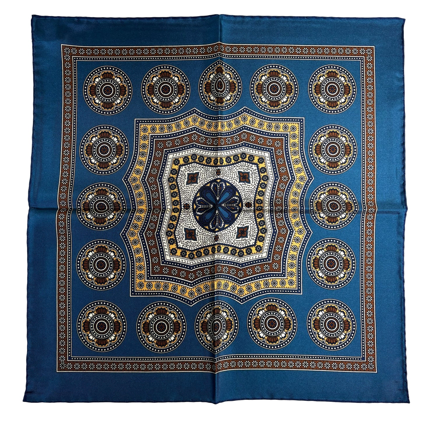 Prussian Blue & Beige Medallion Silk Pocket Square