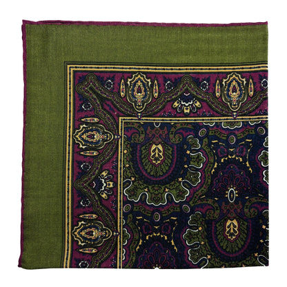 Dominus - Olive Green & Magenta - Wool/Silk Pocket Square