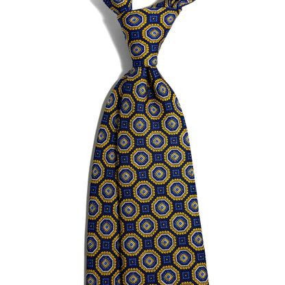Navy Blue & Yellow Floral Medallion Silk Tie (Handmade in Italy)