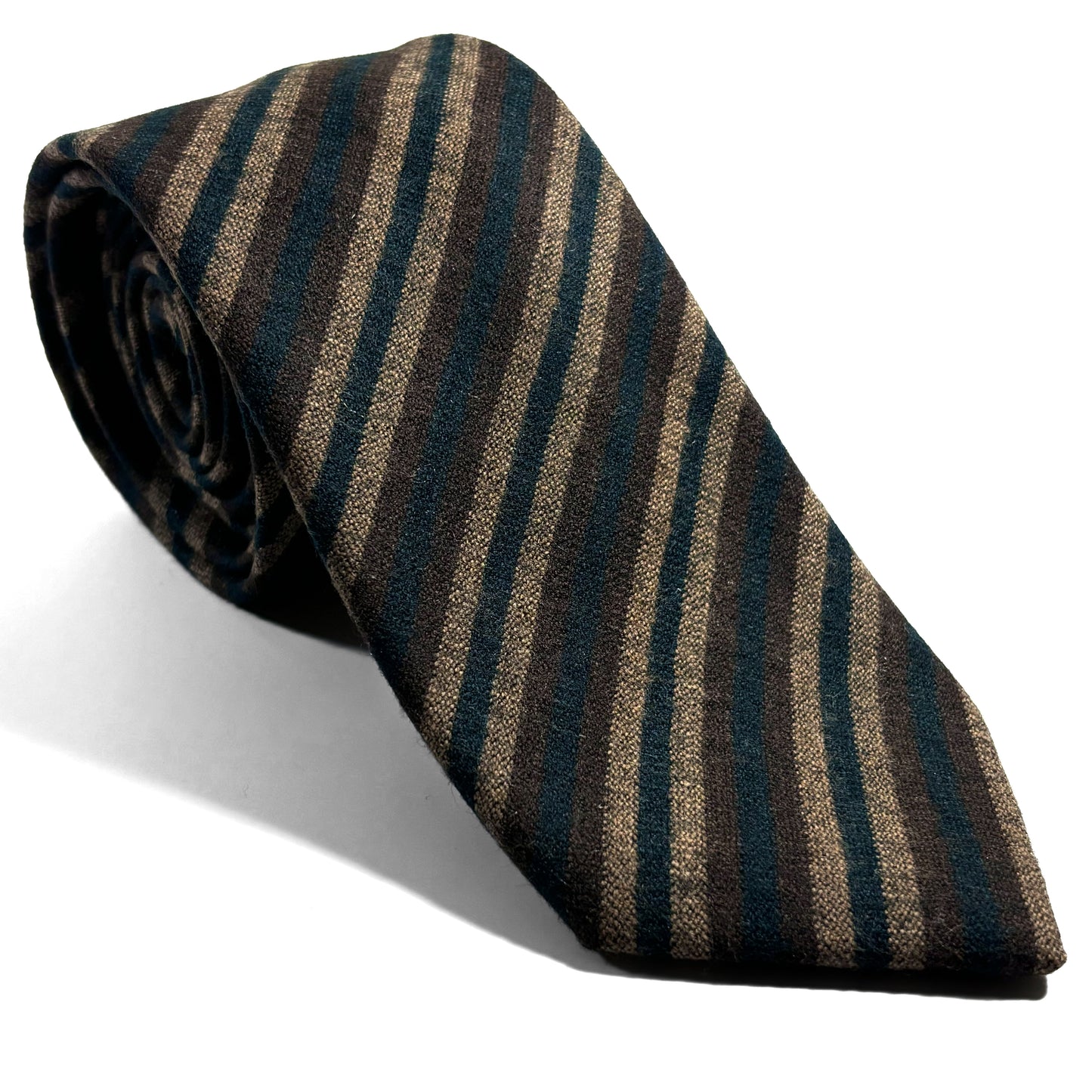 Forest Green & Brown Striped Wool Challis Tie