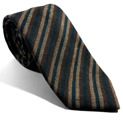 Forest Green & Brown Striped Wool Challis Tie