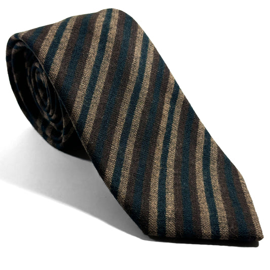 Forest Green & Brown Striped Wool Challis Tie