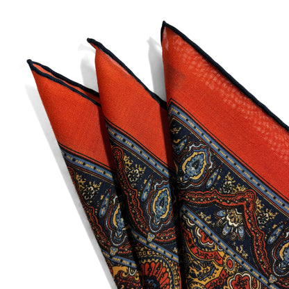 Dominus - Orange & Navy Blue - Wool/Silk Pocket Square