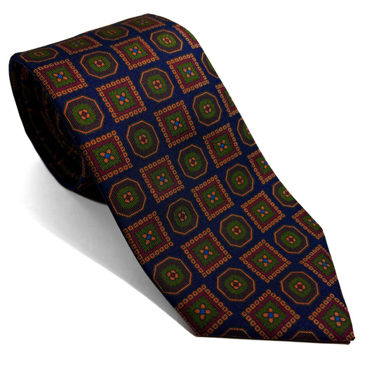 Hand-Printed Navy Blue Geometric Ancient Madder Silk Tie