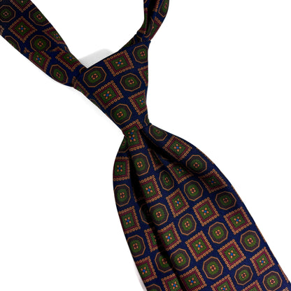 Hand-Printed Navy Blue Geometric Ancient Madder Silk Tie