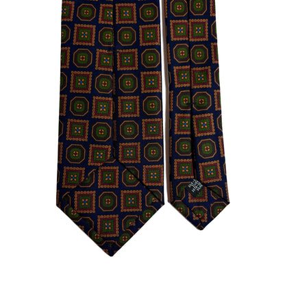 Hand-Printed Navy Blue Geometric Ancient Madder Silk Tie