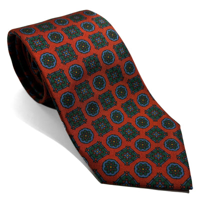 Hand-Printed Terracotta Orange Geometric Ancient Madder Silk Tie