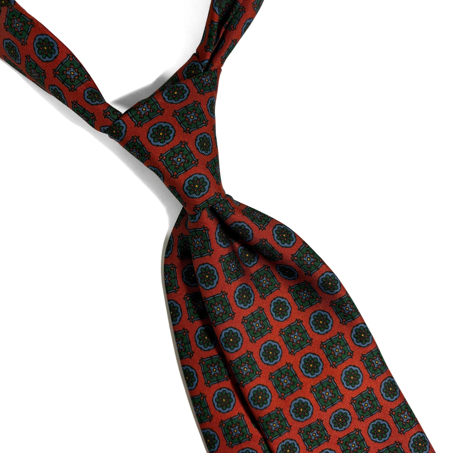 Hand-Printed Terracotta Orange Geometric Ancient Madder Silk Tie