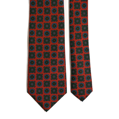 Hand-Printed Terracotta Orange Geometric Ancient Madder Silk Tie