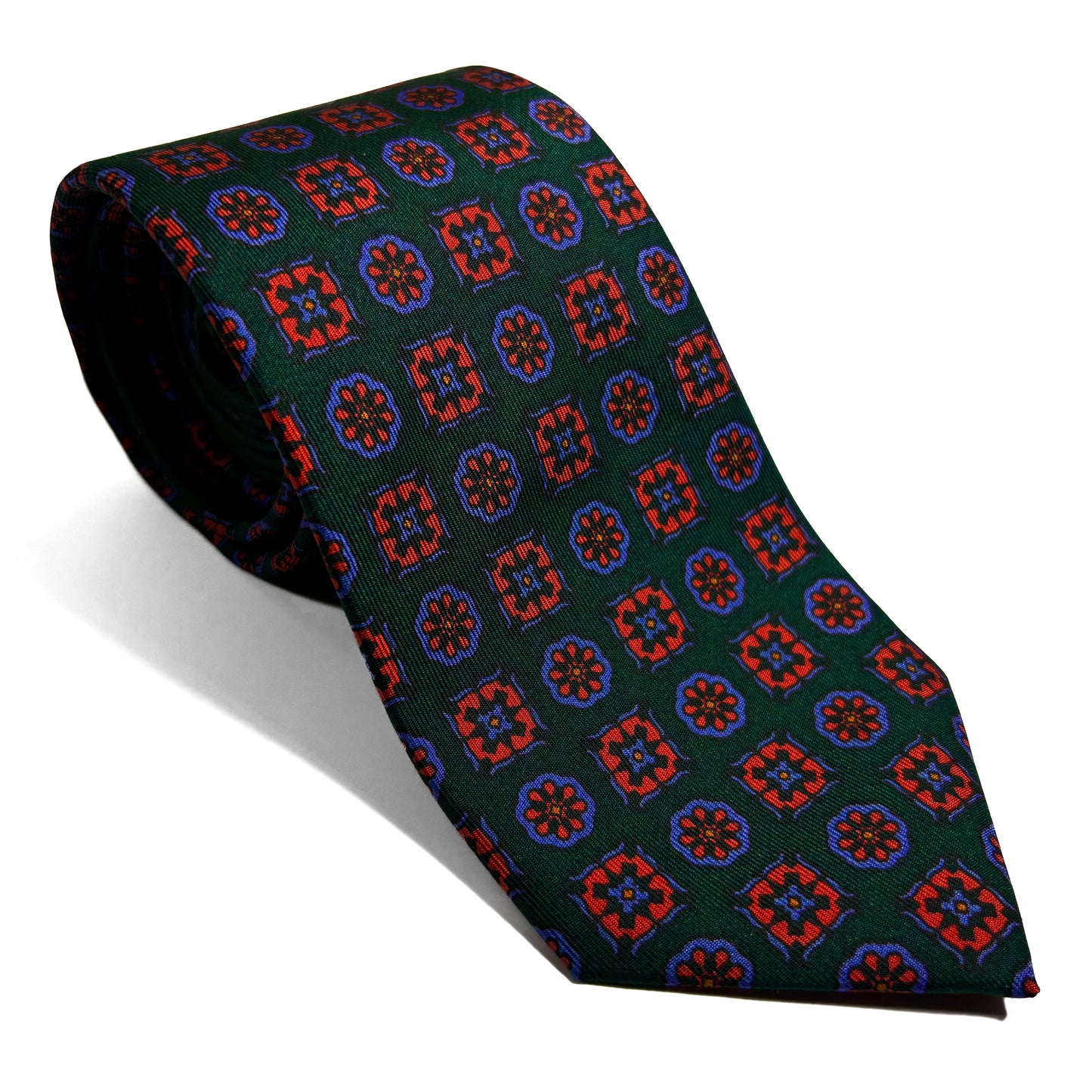 Hand-Printed Forest Green Geometric Ancient Madder Silk Tie