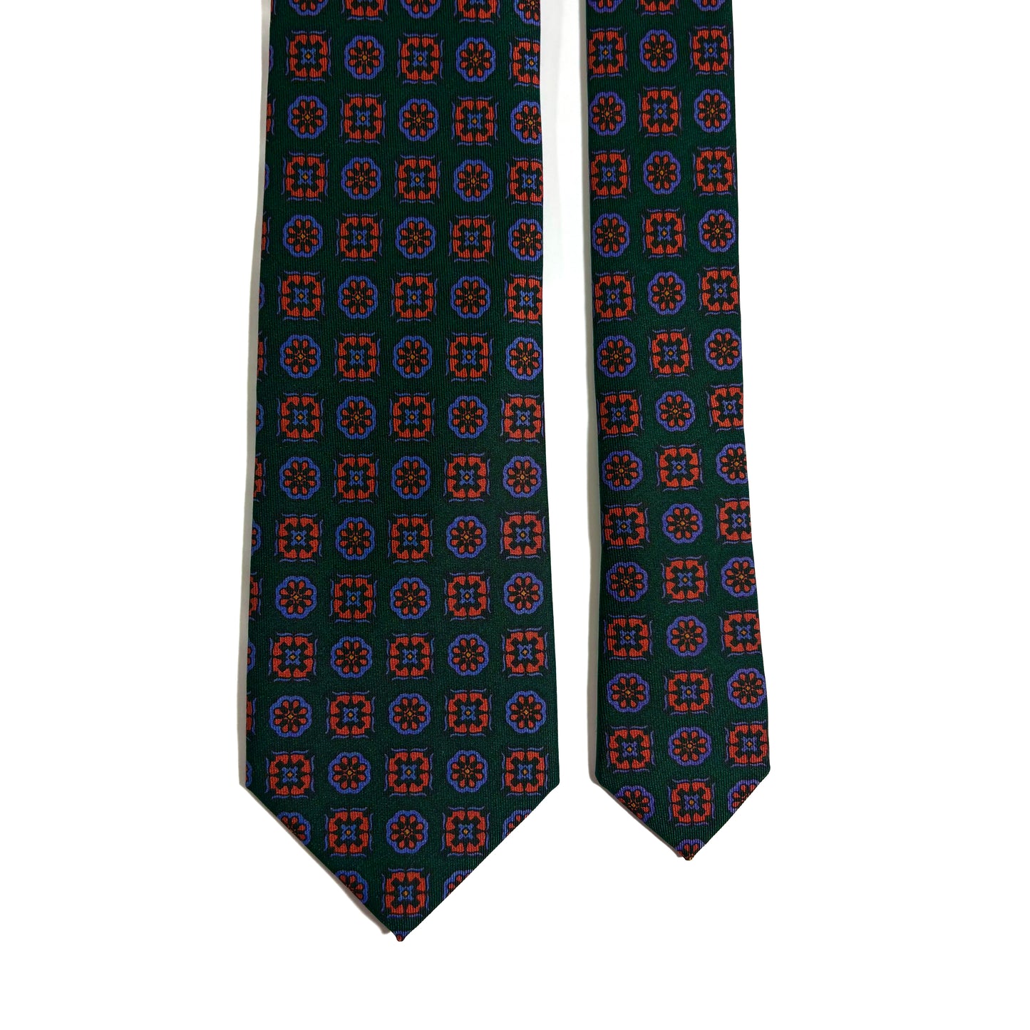 Hand-Printed Forest Green Geometric Ancient Madder Silk Tie