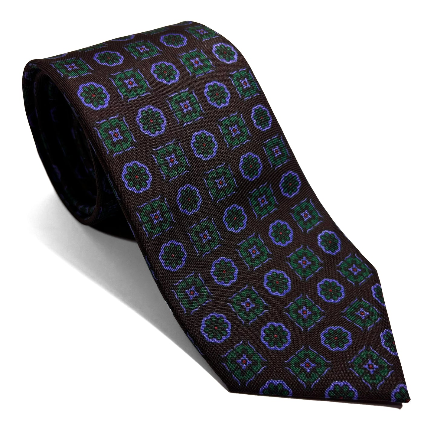 Hand-Printed Rich Brown Geometric Ancient Madder Silk Tie