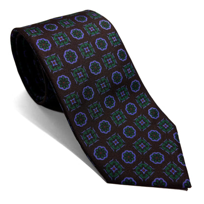 Hand-Printed Rich Brown Geometric Ancient Madder Silk Tie