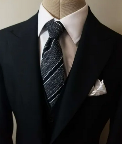 Charcoal Gray & Black Striped Tussah Jaspe Silk Grenadine Tie (Garza Grossa)