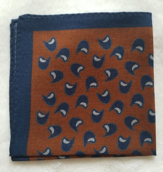 Italian Wool Orange & Navy Blue Pocket Square