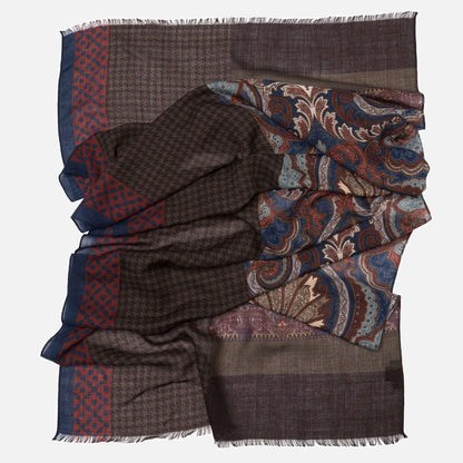 Aosta - Wool Scarf - Burgundy, Blue & Brown