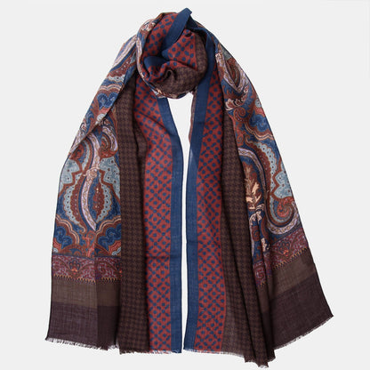 Aosta - Wool Scarf - Burgundy, Blue & Brown