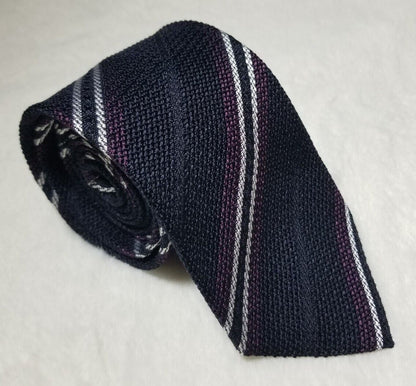 Navy Blue Italian Grenadine Tie w/ Purple & White Stripes