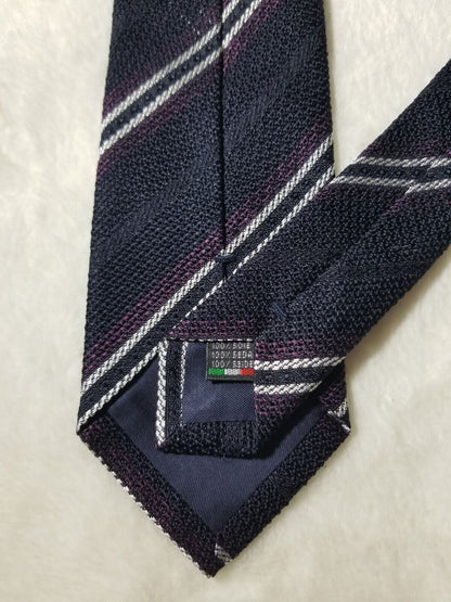 Navy Blue Italian Grenadine Tie w/ Purple & White Stripes