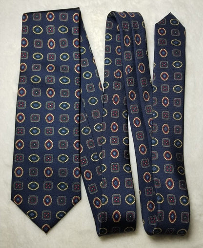 Navy Blue English Printed Silk Tie w/ Foulard Pattern