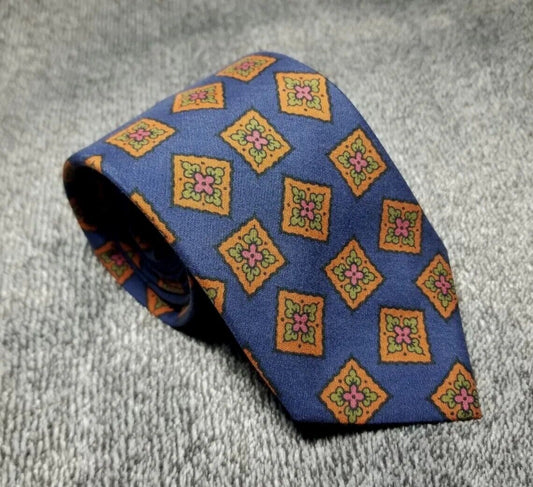 Navy Blue & Orange Geometric Ancient Madder Silk Tie (Handmade in Italy)