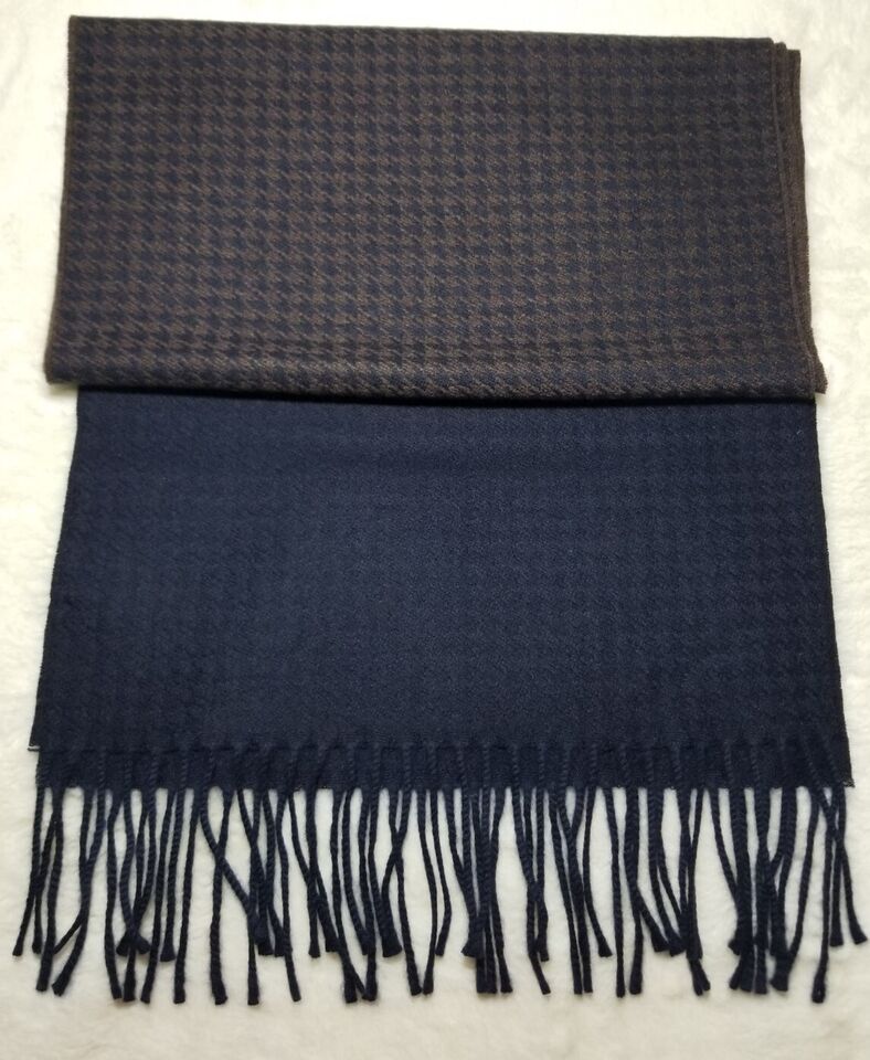 Navy Blue & Brown Houndstooth Felted Cashmere Scarf